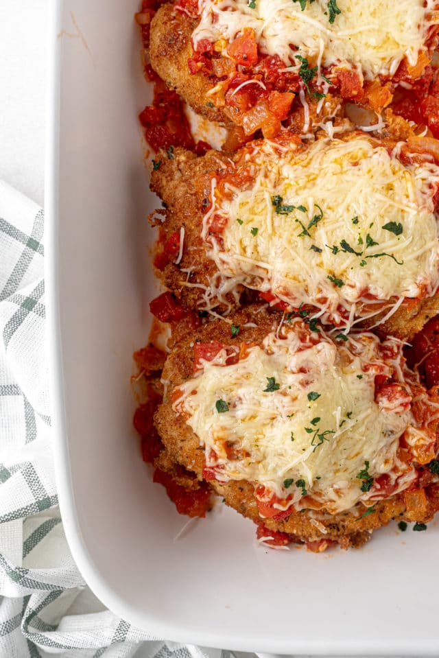 close up of chicken parmesan in a casserole dish