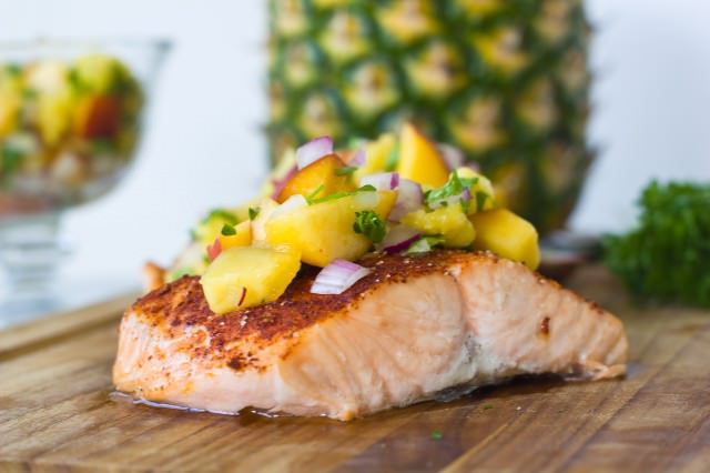 Chili-Rubbed Salmon with Peach Pineapple Salsa