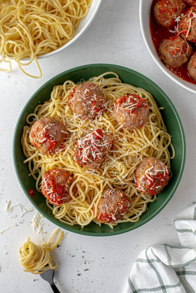 spaghetti and meatballs on a dish