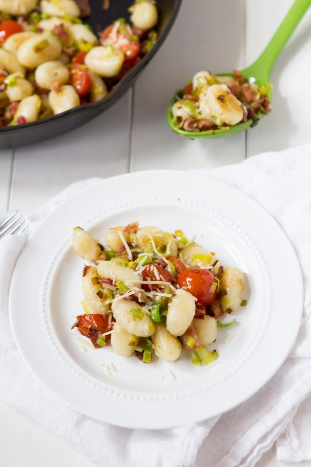 Pan-Toasted Gnocchi with Bacon, Leeks and Fresh Tomato