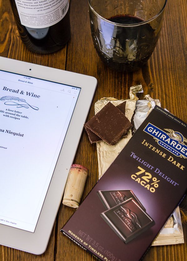 Guiltless pleasures: book, cabernet and ghirardelli chocolate