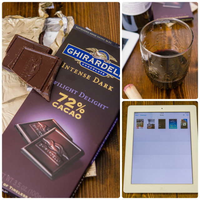 Guiltless pleasures: book, cabernet and ghirardelli chocolate