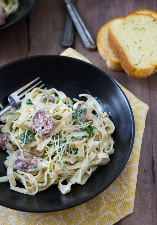 Fettuccine with sausage and kale