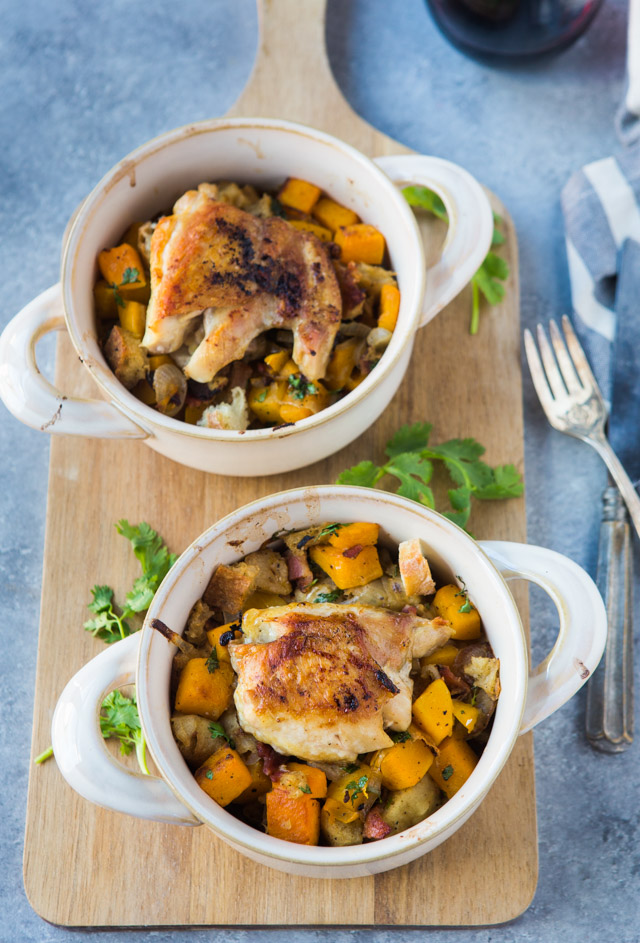 Chicken Thighs with Caramelized Onion, Butternut Squash and Bacon A Zesty Bite