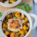 Chicken Thighs with Caramelized Onion, Butternut Squash and Bacon