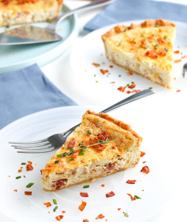 two slices of quiche on white plates