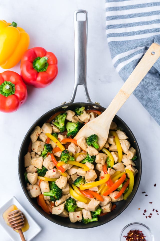 Chicken and veggies in a saute pan