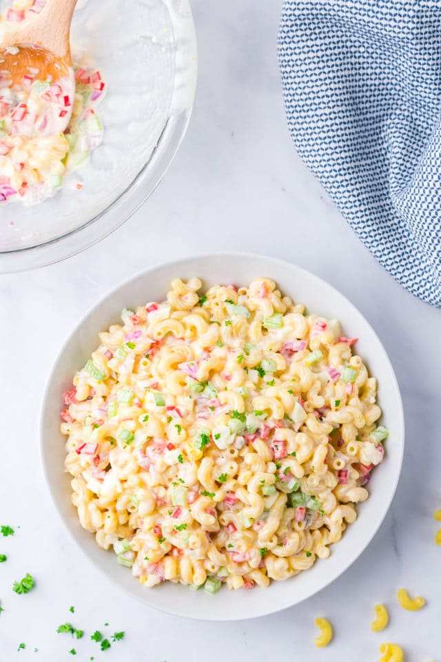 Classic Macaroni Salad with minimal ingredients and no fuss clean up.