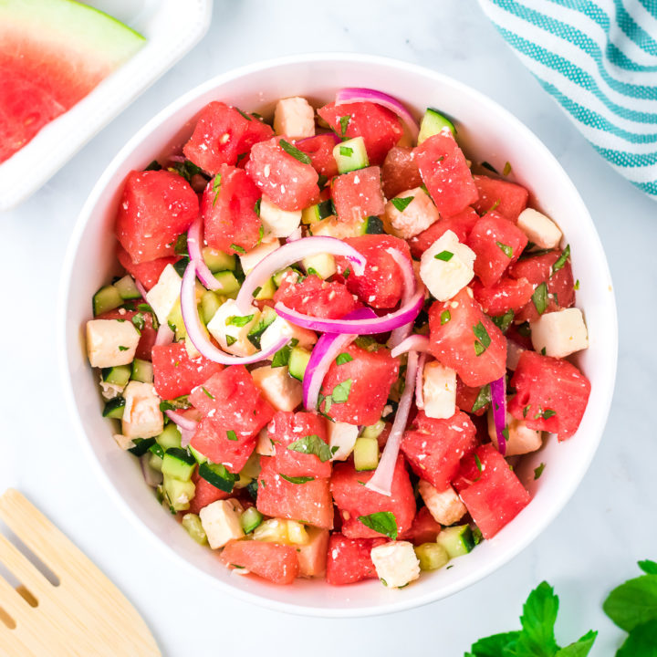 watermelon salad in a white bowl